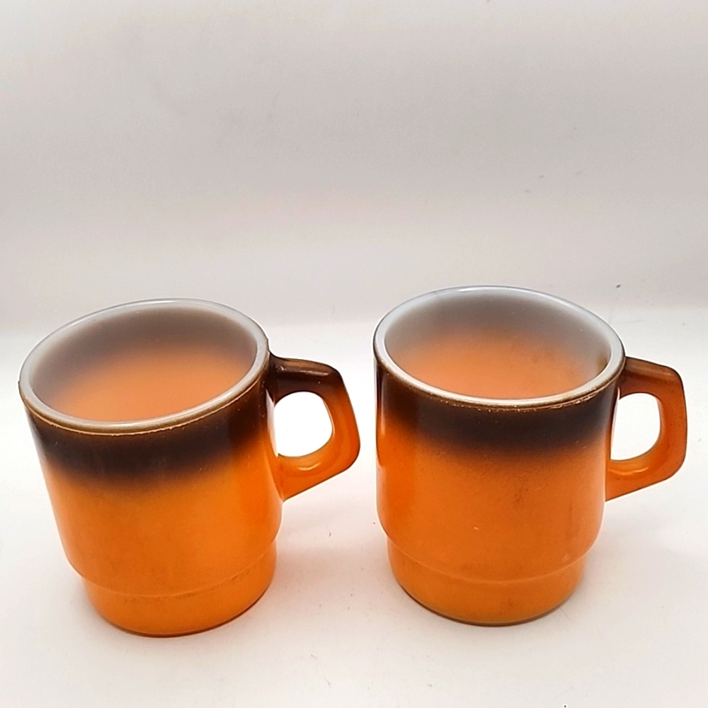 Vintage Anchor Hocking Fire King Orange & Brown Mugs 3.5"